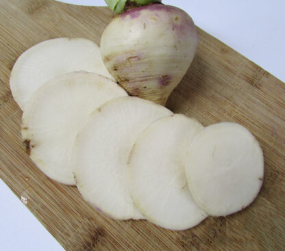 Close-up of a sliced Purple Top White Globe turnip on a wooden cutting board, showing the crisp white interior of several round slices fanned out in front of the root.