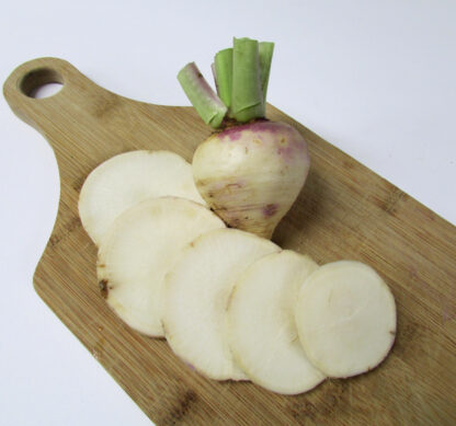 Purple Top White Globe turnip displayed on a wooden cutting board, with the whole root standing upright and several round slices arranged neatly in front, revealing its crisp white interior.
