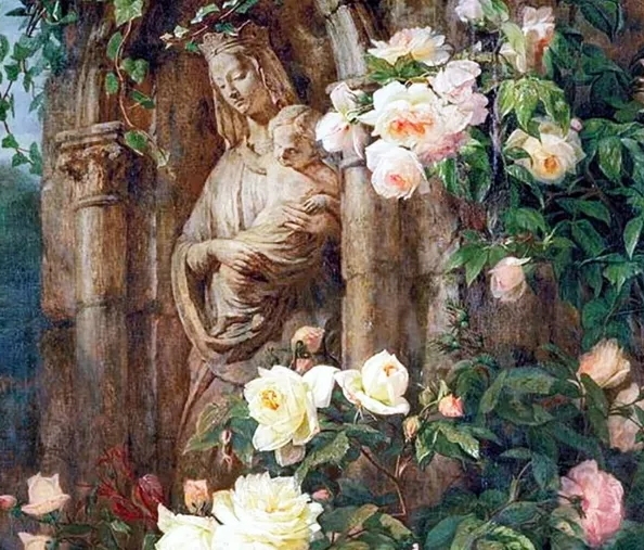 Statue of Our Lady of the Roses surrounded by blooming roses, representing the peaceful, devotional spirit of a Mary Garden.